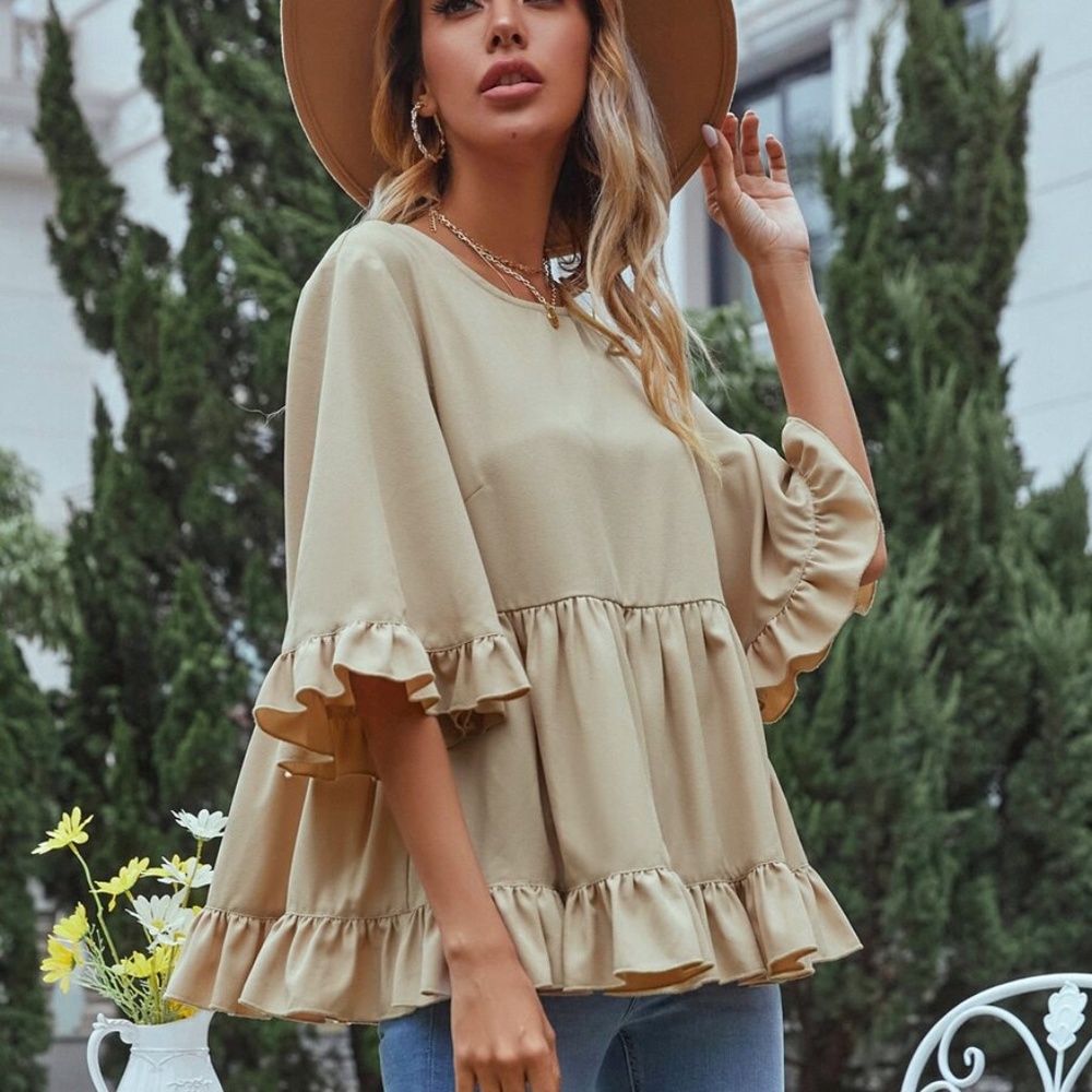 khaki ruffle babydoll boho loose fit blouse - Picture 4 of 5